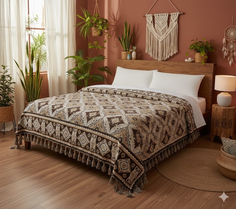 Blanket artisan 88"x90" Brown Cream Tassel Diamond Woven boho tribal Thick Queen